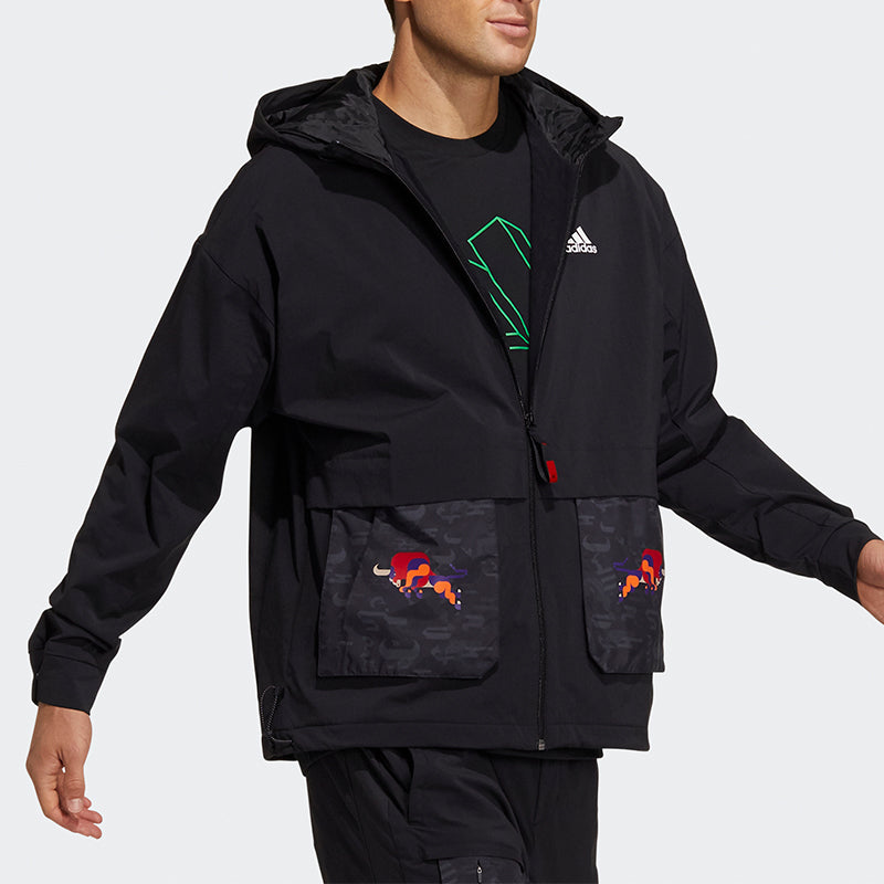 adidas CNY JKT Training Sports hooded Fleece Lined Jacket Black GP1821