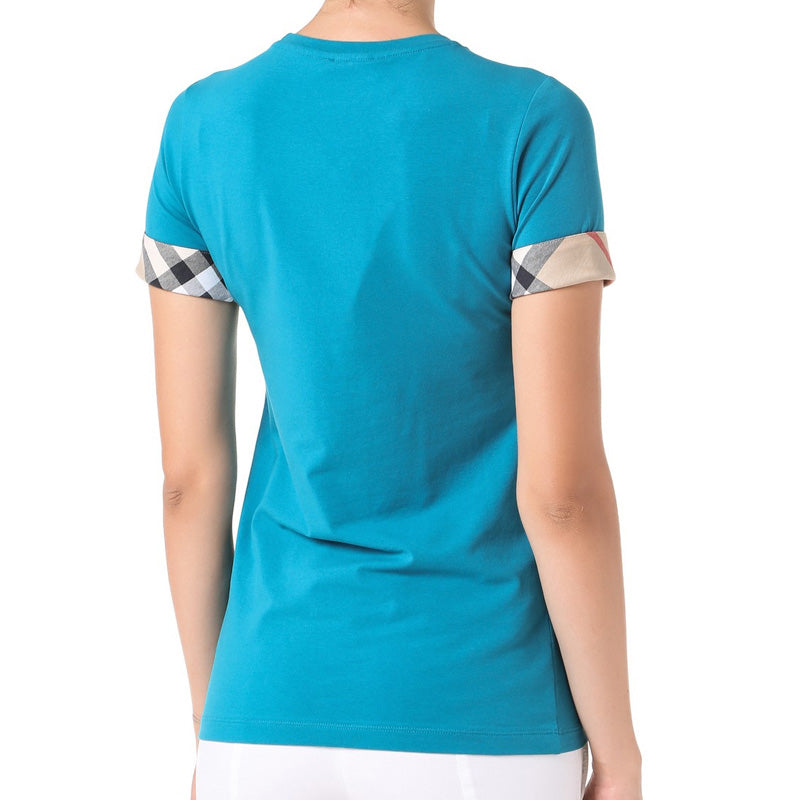 Burberry Cuff Plaid Round Neck Pullover Short Sleeve Lake Blue 39684931