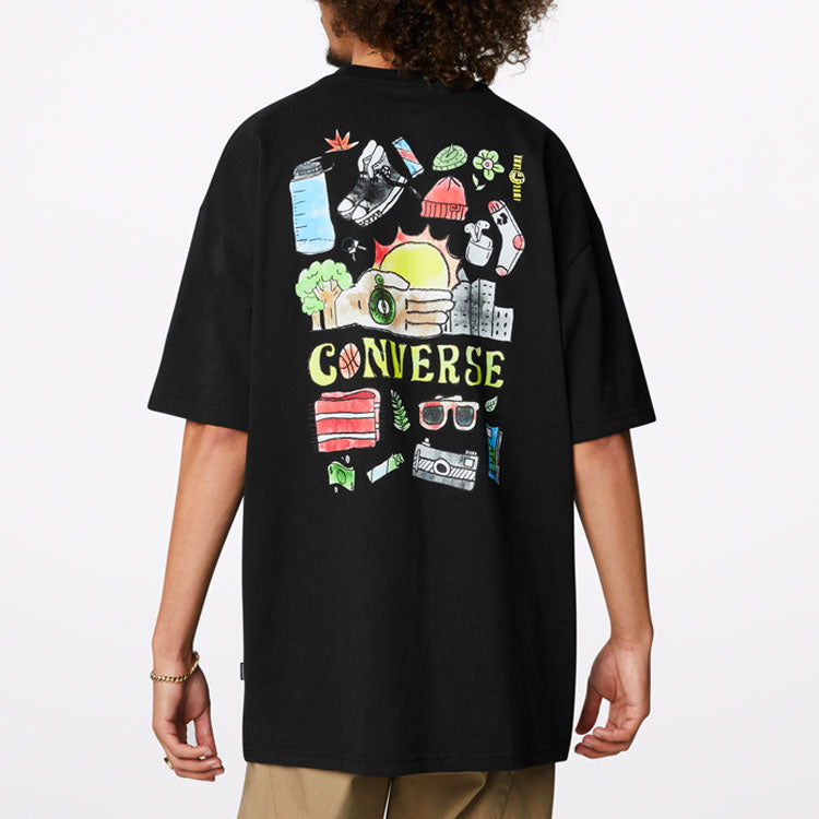 Converse Back Graffiti Cartoon Printing Loose Casual Round Neck Short Sleeve Black 10022038-A04
