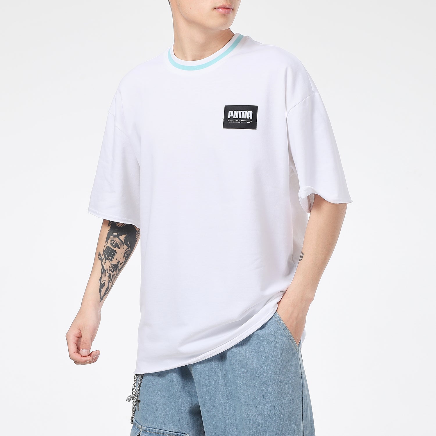 PUMA Logo Loose Sports Round Neck Short Sleeve White 845861-02