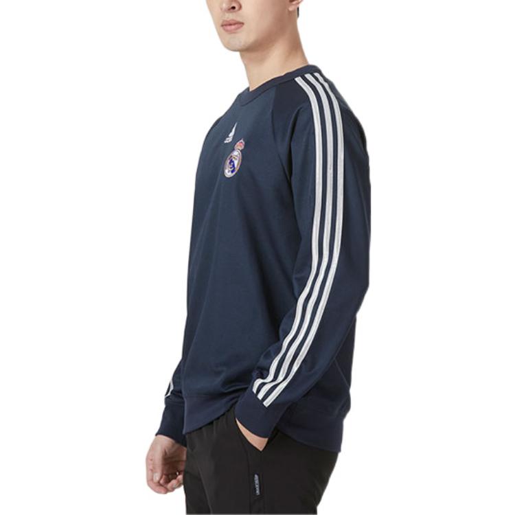 Men's adidas Stripe Logo Pattern Embroidered Round Neck Pullover Autumn Blue HA2531