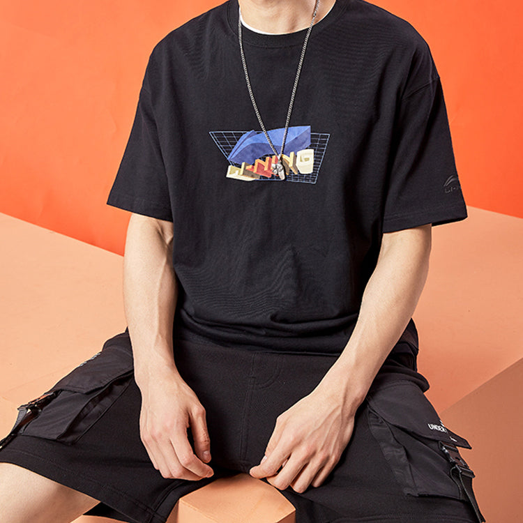 Li-Ning Printing Loose Round Neck Sports Short Sleeve Black AHSQ561-3