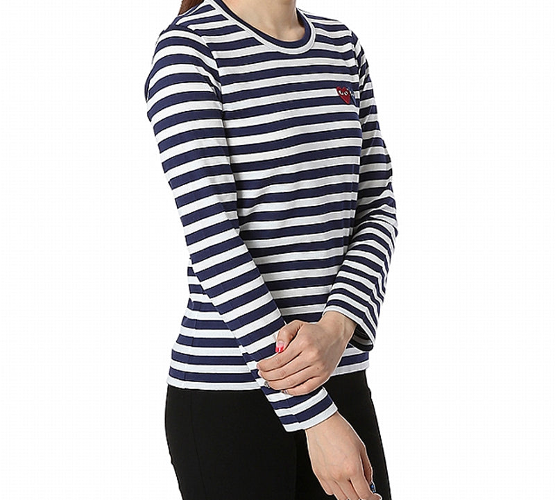 (WMNS) COMME des GARCONS PLAY Striped Double Hearts Logo Long Sleeves Tee 'Navy White' AZ-T227-051-1
