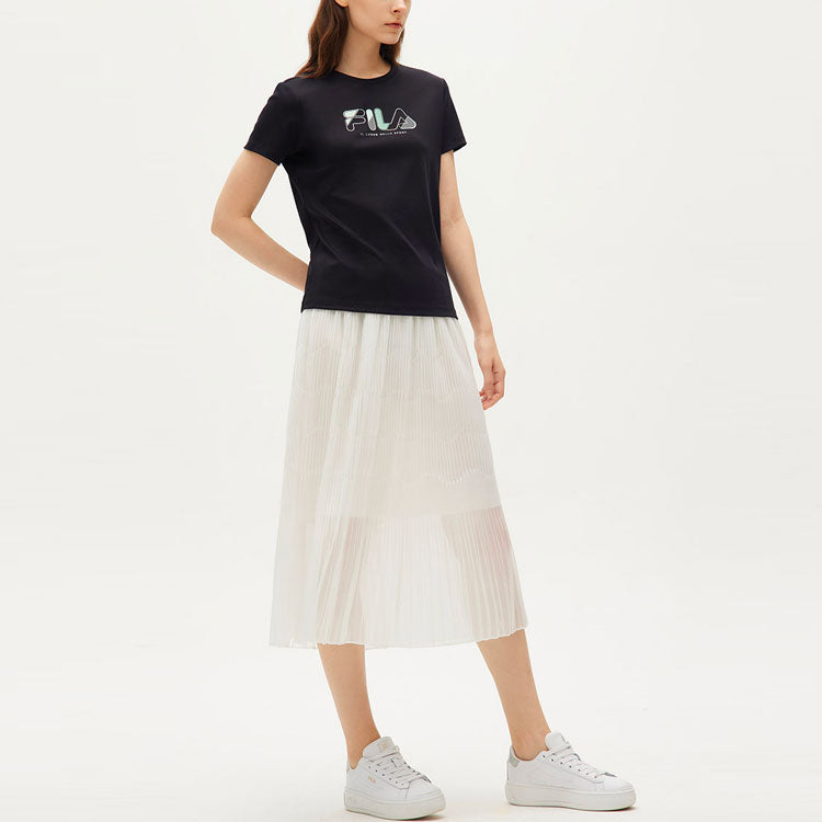 (WMNS) FILA Colorblock Logo Sports Round Neck Short Sleeve Black F11W132154F-BK