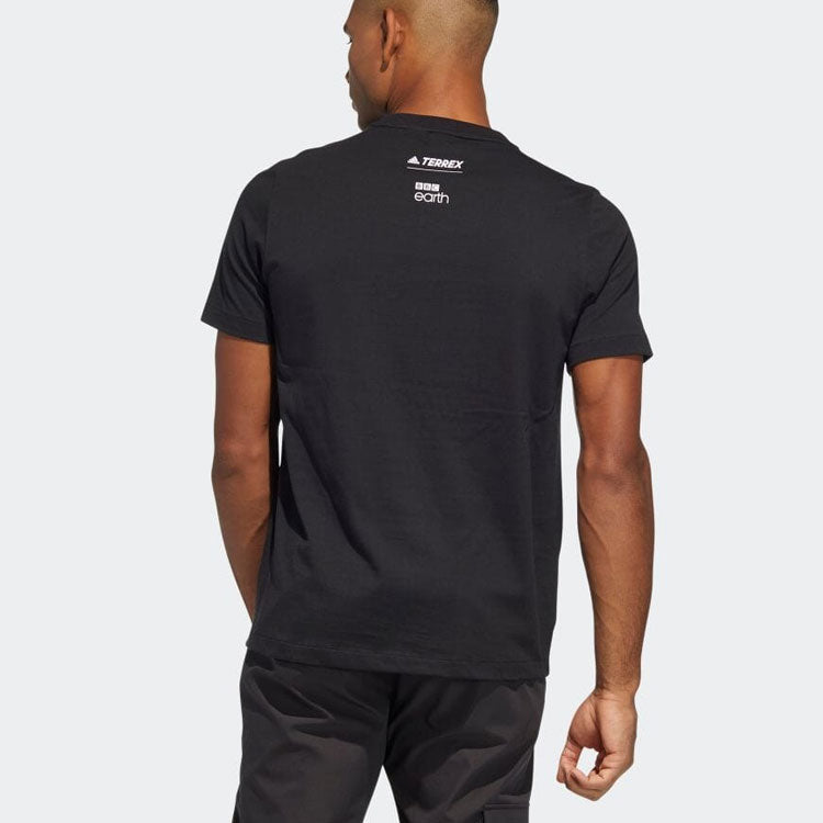 adidas Landscape Pattern Printing Round Neck Pullover Short Sleeve Black T-Shirt HE5193