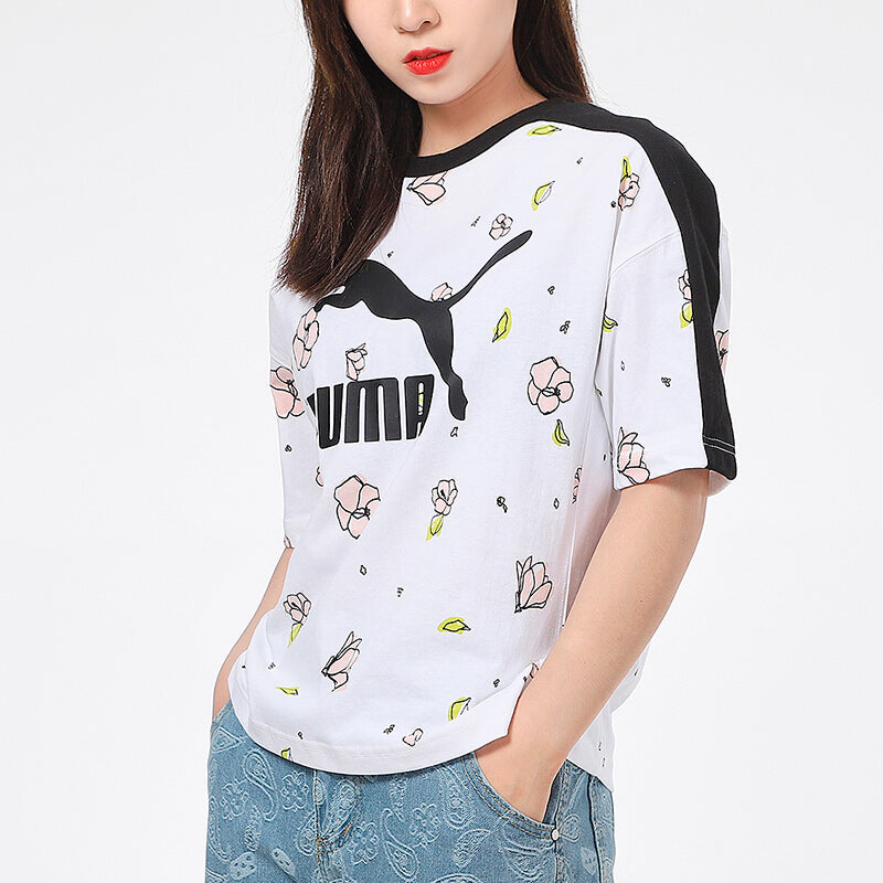 (WMNS) PUMA Casual Full Print Round Neck Short Sleeve White 532043-02