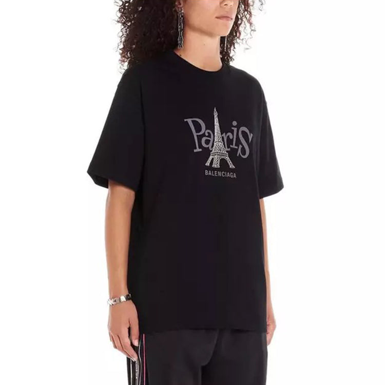 Balenciaga Unisex Paris Printing Round-neck Black 594599TGV661000