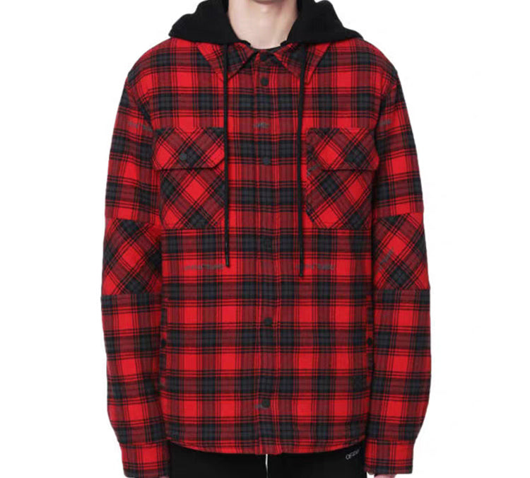 Off-White flannel hooded Plaid Shirt Jacket Red OMEA236E20FAB0012500