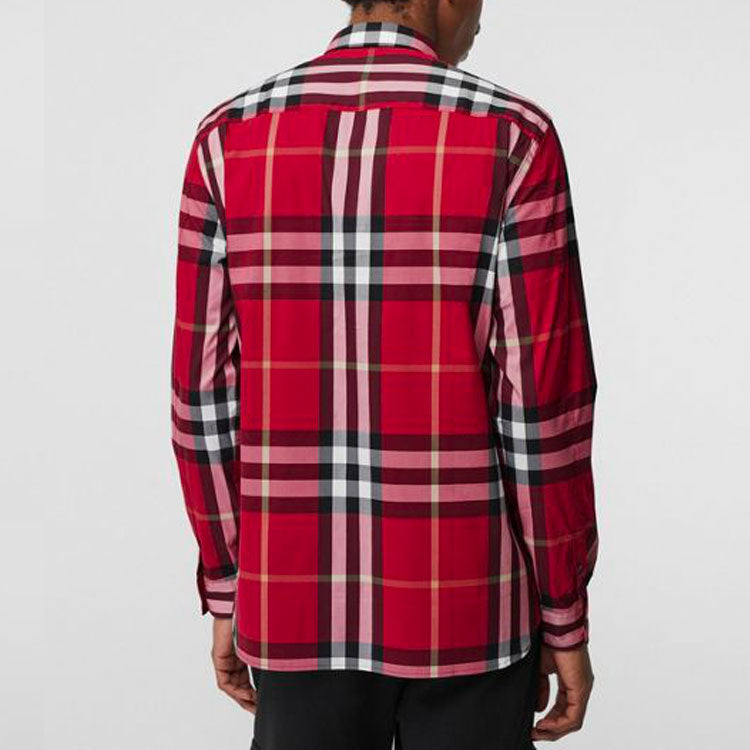 Men's Burberry Button Plaid Long Sleeves Shirt Red 80043591