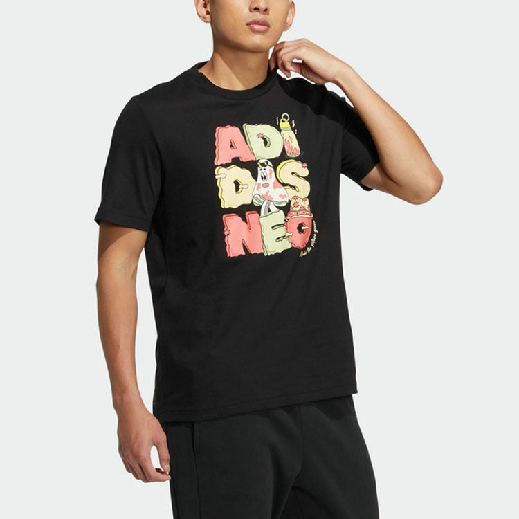 Men's adidas neo SS22 Pattern Cartoon Printing Sports Pullover Short Sleeve Black T-Shirt HS6807