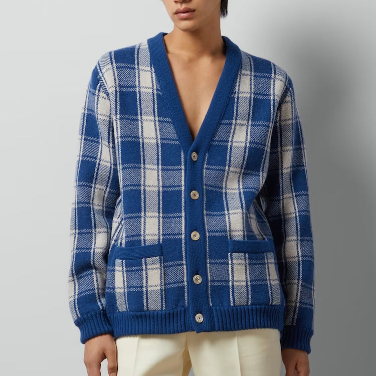 Gucci Reversible Checked Wool Cardigan 'Blue Ivory' 770586-XKDSM-4405