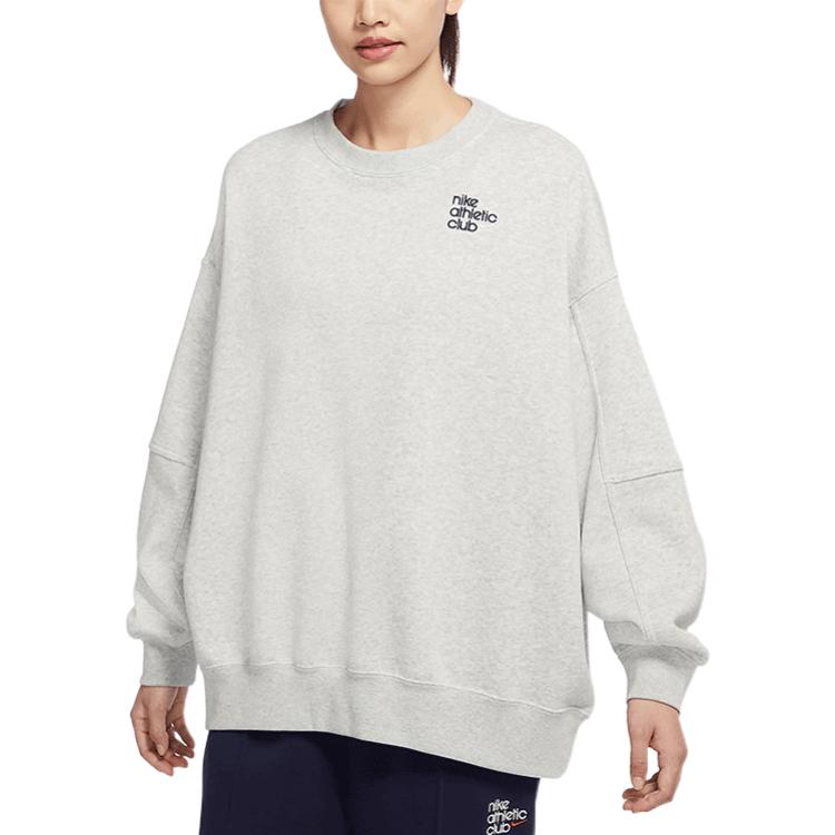 (WMNS) Nike Logo Alphabet Embroidered Loose Fleece Lined Round Neck Pullover Gray Hoodie DQ9146-050
