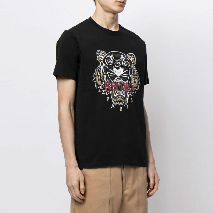 Men's KENZO Tiger Head Printing Round Neck Short Sleeve Black T-Shirt FB65TS0204YA-99