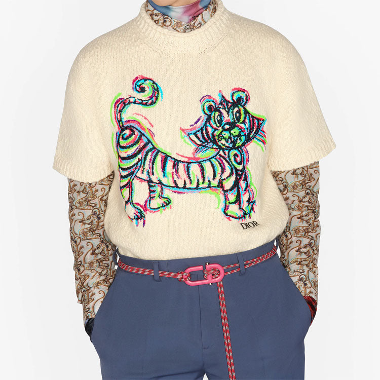 DIOR x KENNY SCHARF SS21 Tiger embroidered knitted Tee M Cream 193M636AT329-C089