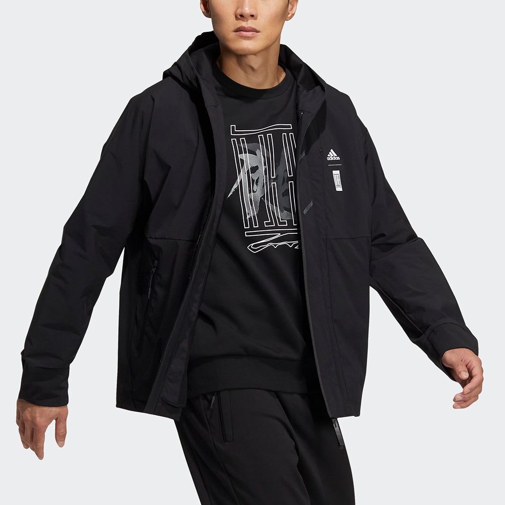 Men's adidas Wj Wv Jkt Martial Arts Series Logo Hooded Fleece Lined Sports Jacket Black HE5117