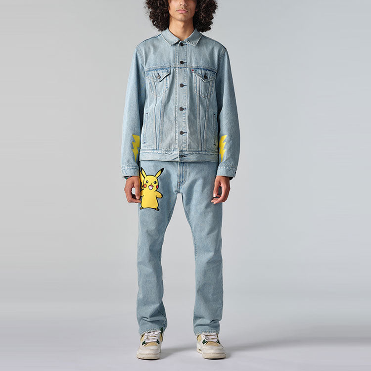 Men's Levis x Pokmon Crossover Pikachu Embroidered Cartoon Denim Jacket Cartoon Denim 77380-0040