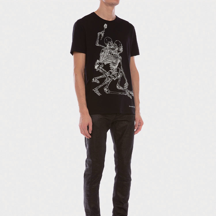 Men's Alexander McQueen Lovers Skeleton Round Neck Short Sleeve Black 624170QPZ600901