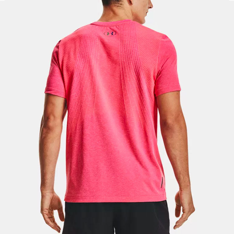 Men's Under Armour Rush Seamless Training Sports Round Neck Short Sleeve Pink Red 1361130-683