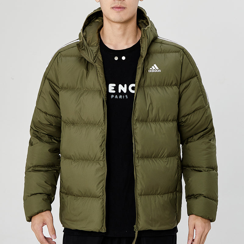Men's adidas Ess Mid D H Jkt Stay Warm Sports Hooded Down Jacket Olive GT9138