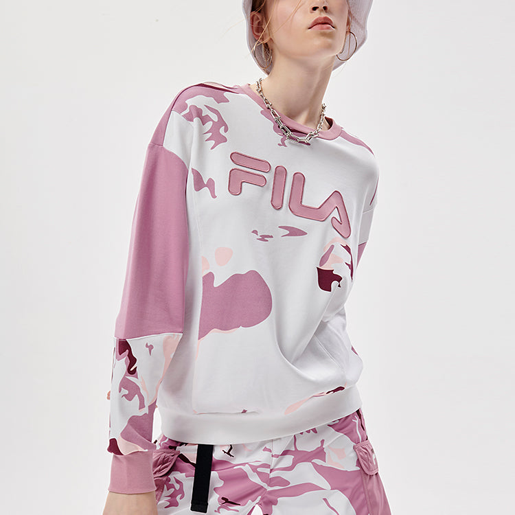 (WMNS) FILA FUSION Camouflage Contrasting Colors Loose Round Neck Pullover Hoodie Pink T11W133202F-PK