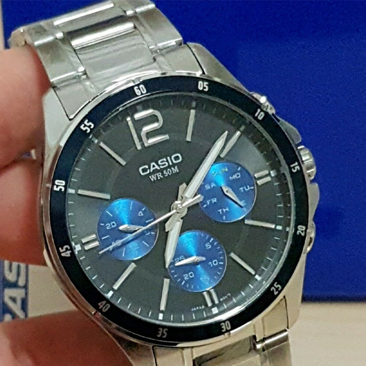 CASIO Business Style Waterproof Quartz Men Silver/Black Stainless Steel Strap Mens Blue Analog MTP-1374D-2A