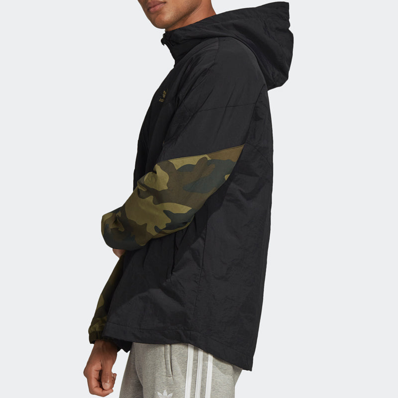 adidas originals Camo Wb Camouflage Splicing Sports hooded Windbreaker Jacket Black FM3359