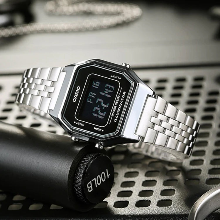 CASIO Waterproof Unisex Black DialSilver Strap Unisex Mens BlackSilver Digital LA680WA-1B-TAIWAN
