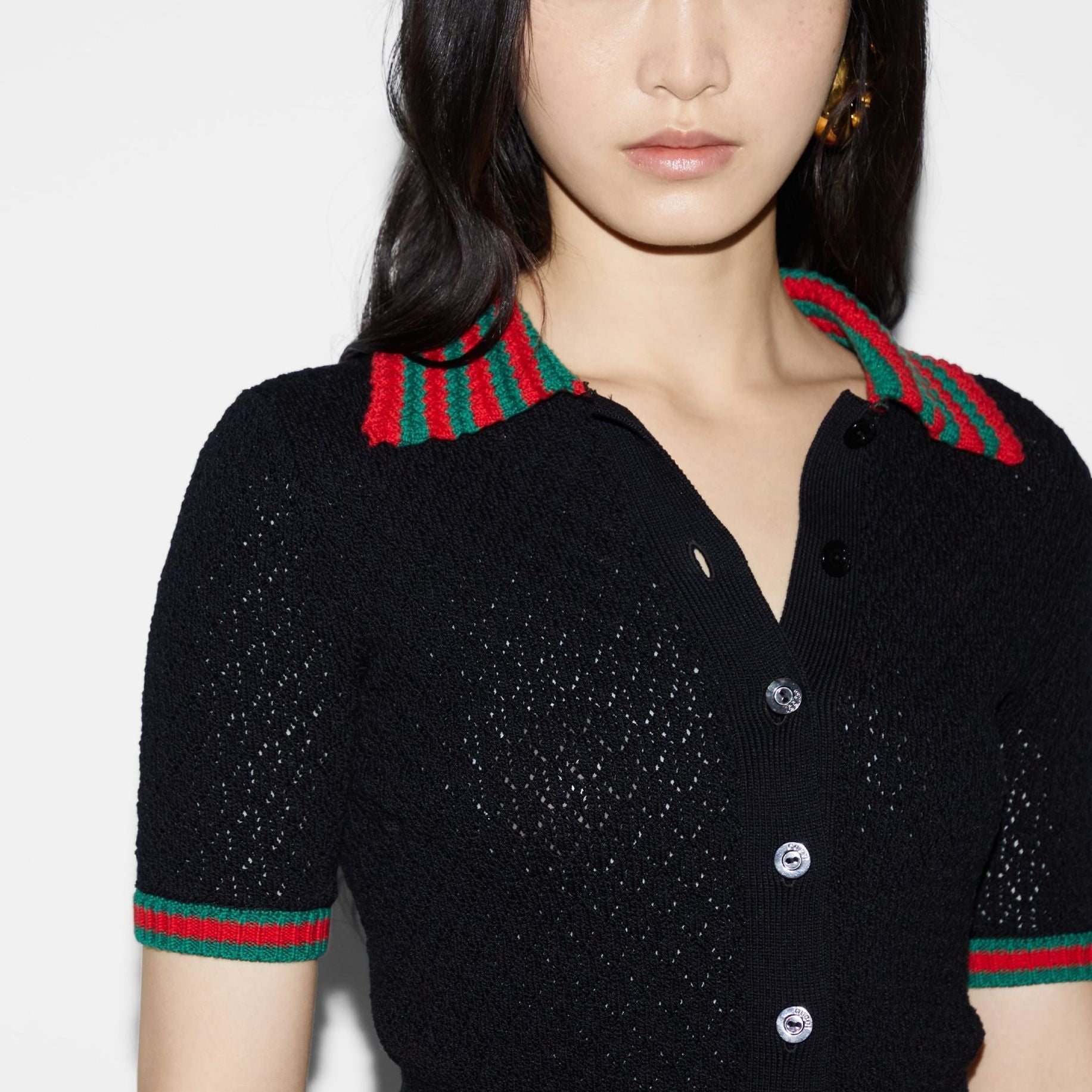 (WMNS) Gucci Cotton Lace Polo With Web 'Black' 792042-XKD3C-1152