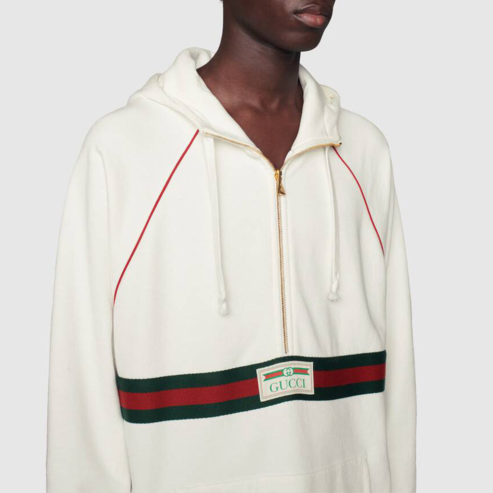 Gucci Hooded Sweatshirt With Web & Gucci Label 'Ivory' 645320-XJDAK-9146