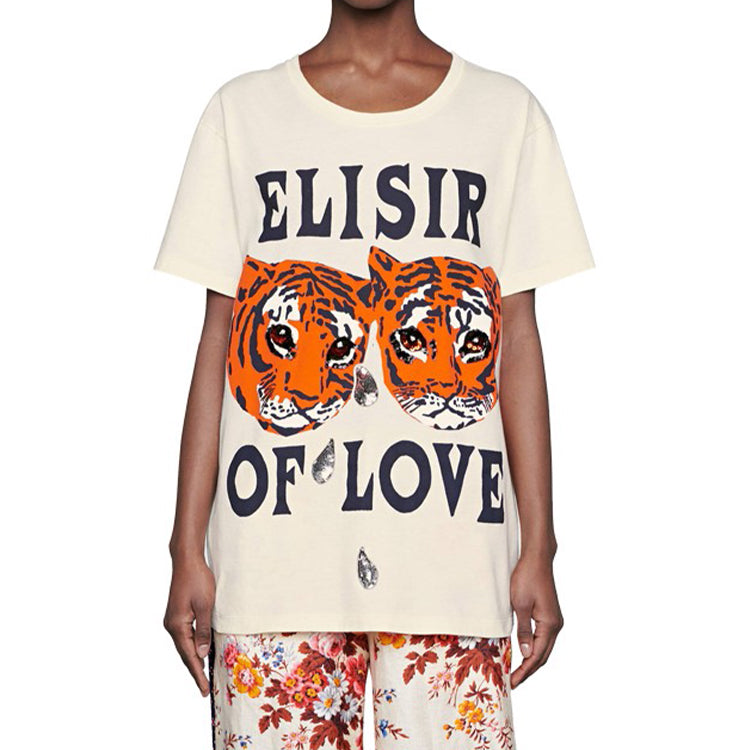 (WMNS) Gucci Tiger Printed Sequin Embroidered Cotton Short Sleeve White 492347-XJBHQ-7136