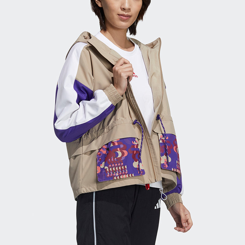 (WMNS) adidas Cny Jkt New Year Series Patchwork Print Pattern Sports Hooded Jacket Khaki Brown GP0611