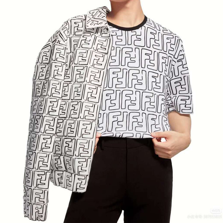 Men's FENDI Series FF Printing Round Neck Loose Short Sleeve Black White Colorblock FY0936ACNMF0QA0