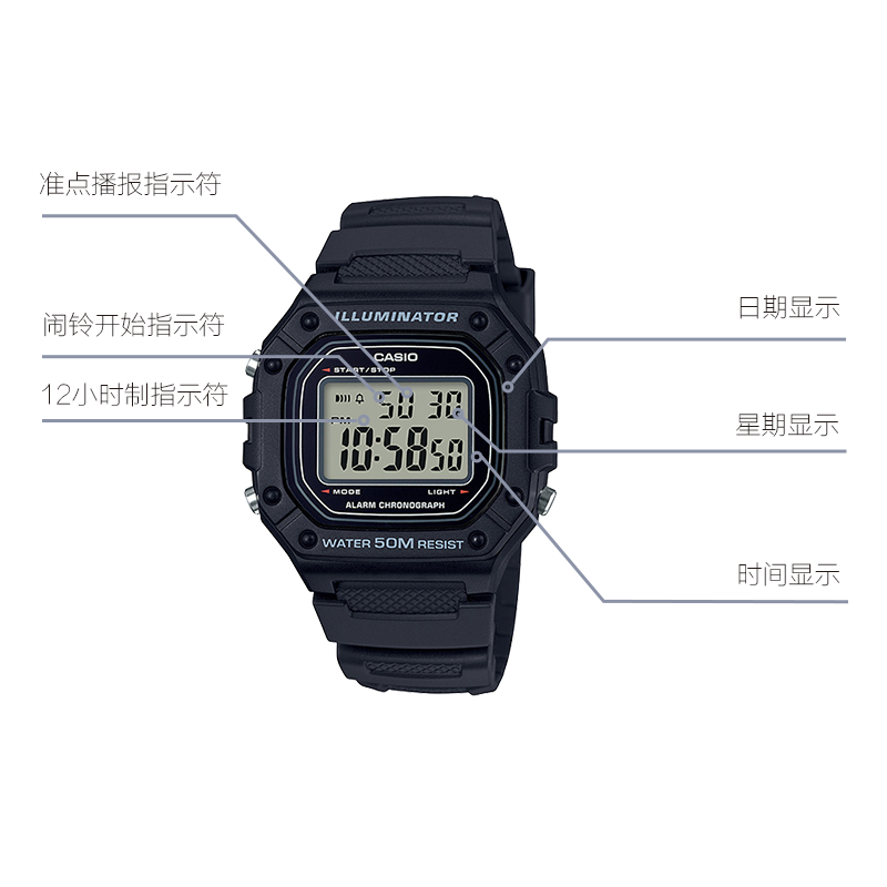 CASIO G Shock Waterproof Unisex Mens Black Digital W-218H-1A