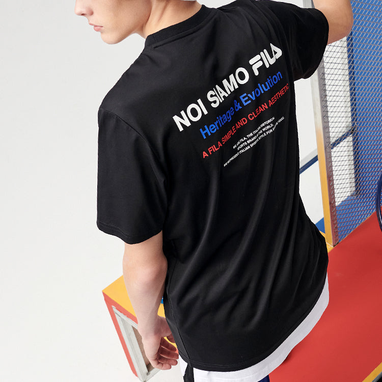 Men's FILA FUSION Alphabet logo Printing Sports Round Neck Short Sleeve Dark Black T-Shirt T11M121102F-BK