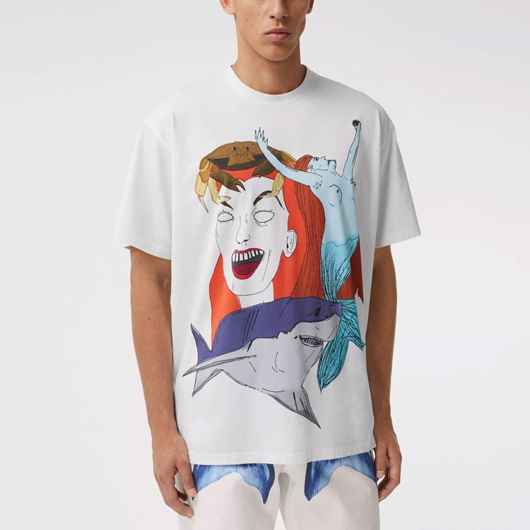Men's Burberry SS21 Ocean Character Printing Cotton Short Sleeve White 45676141
