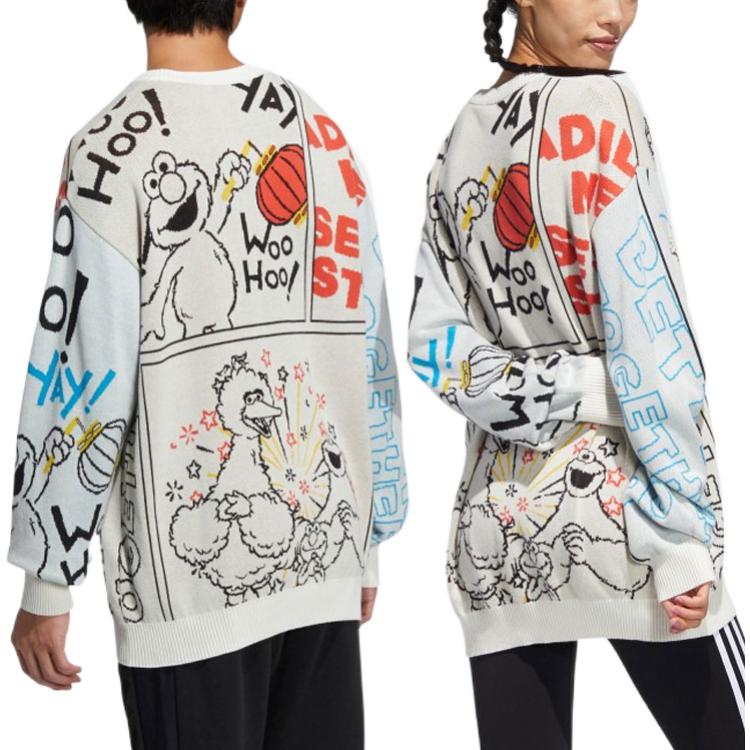 adidas x SESAME STREET Crossover Cartoon Alphabet Full Print Round Neck Knitwear Beige HD7294