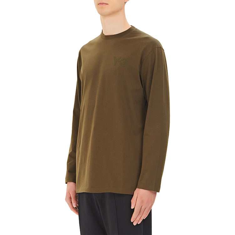 Men's Y-3 Logo Pattern Loose Round Neck Long Sleeves Khaki T-Shirt GV4120