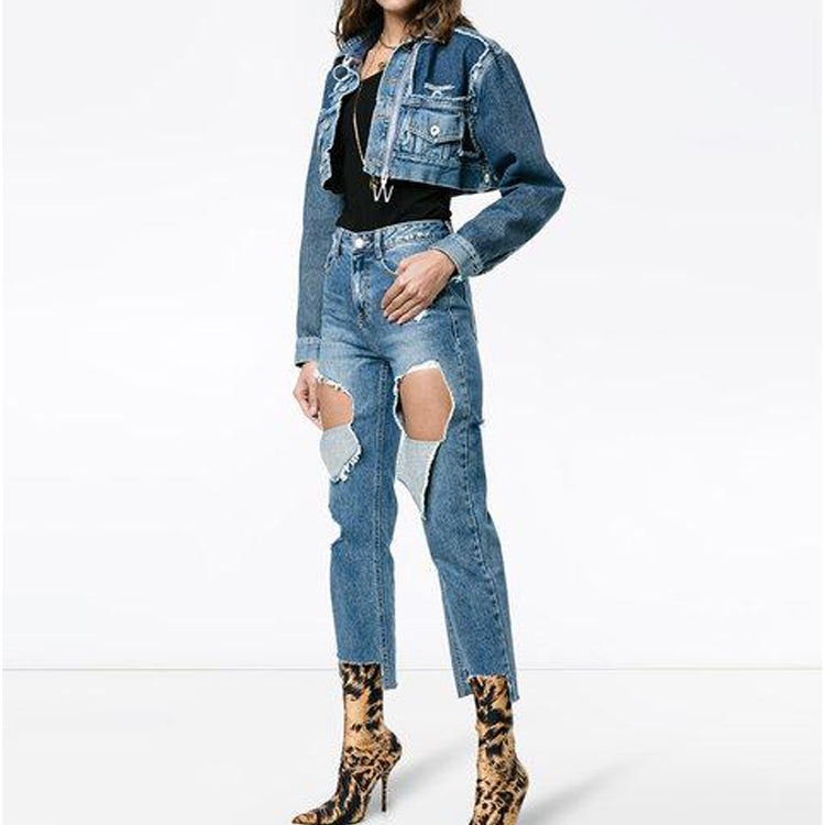 (WMNS) Off-White Short Zipper Jean Jacket Blue OWYE001R183860217301
