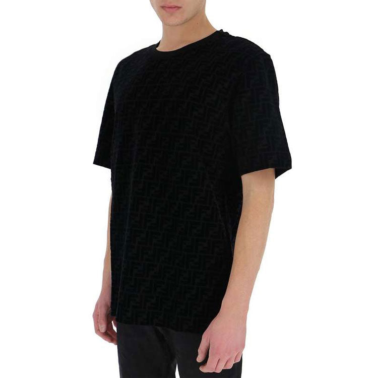 Men's FENDI Full Print F Black Brown Logo Printing Short Sleeve Black T-Shirt FY0936A7D5F0ABB
