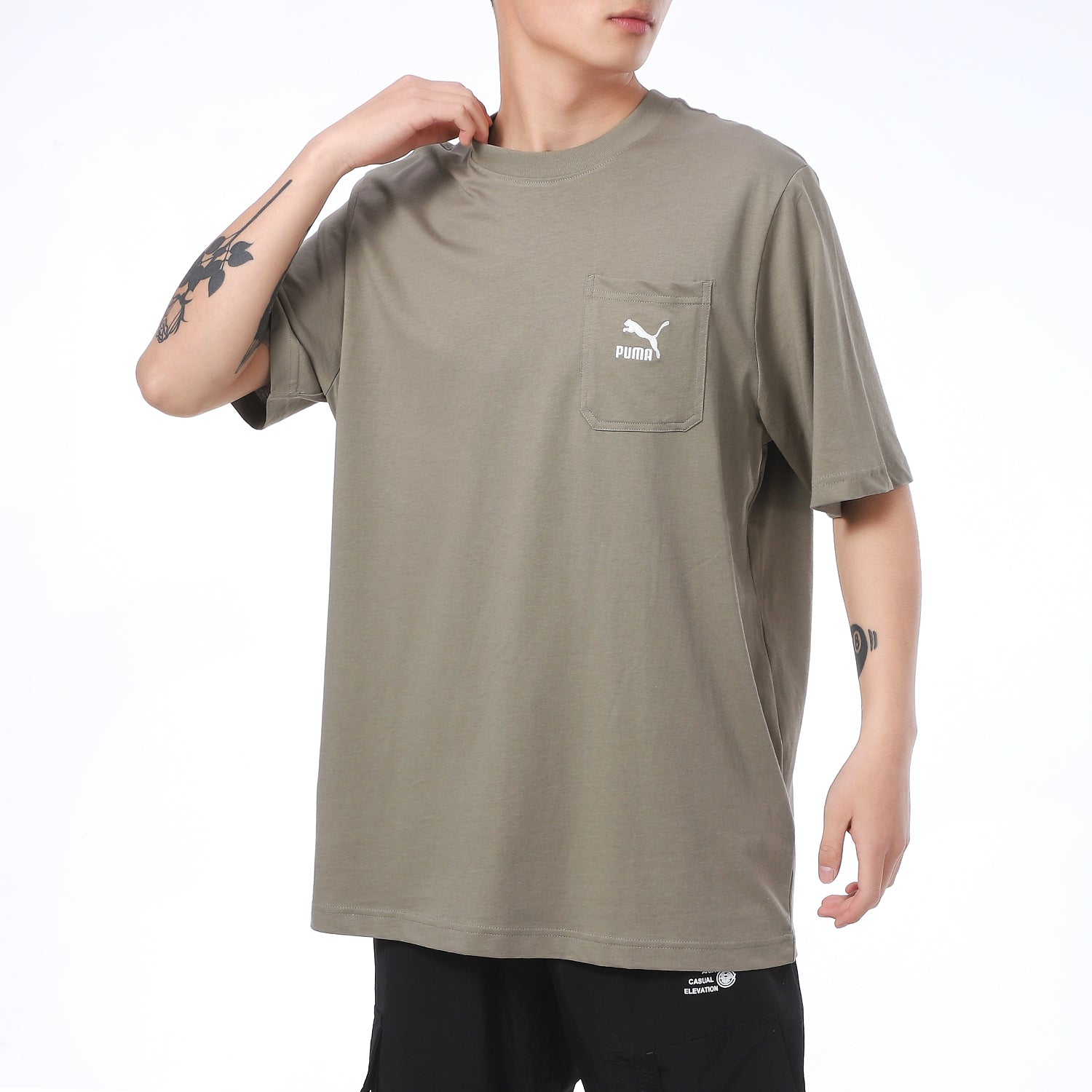 PUMA Classics Pocket Sports Loose Round Neck Short Sleeve Gray Green 532636-73