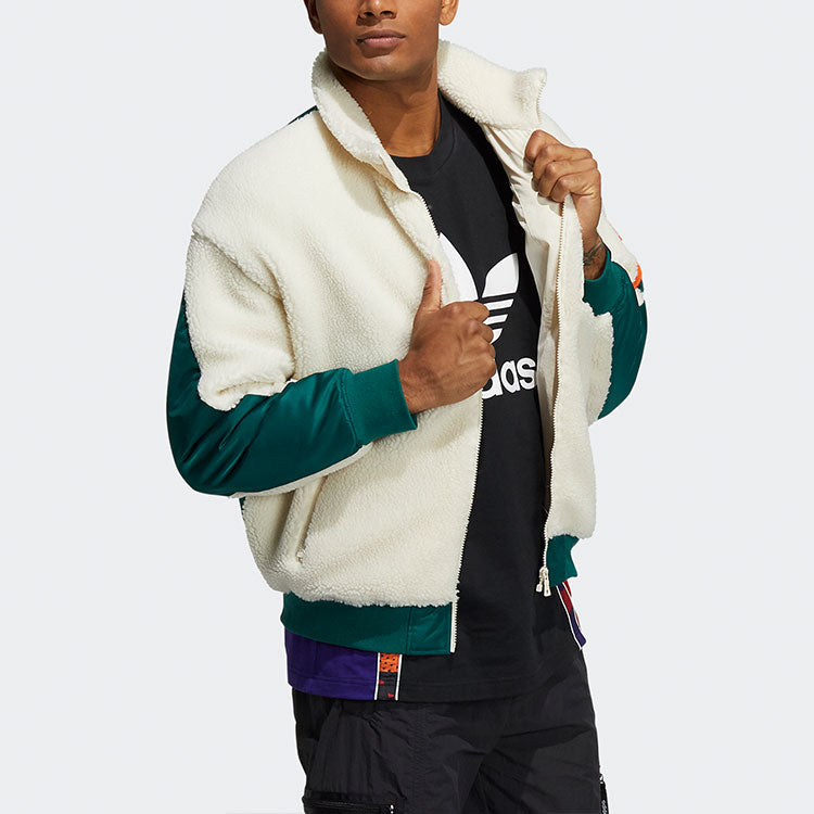 Men's adidas originals Mr Sherpa Jkt Suede Splicing Stand Collar Logo Sports Jacket Yellow White HC0373