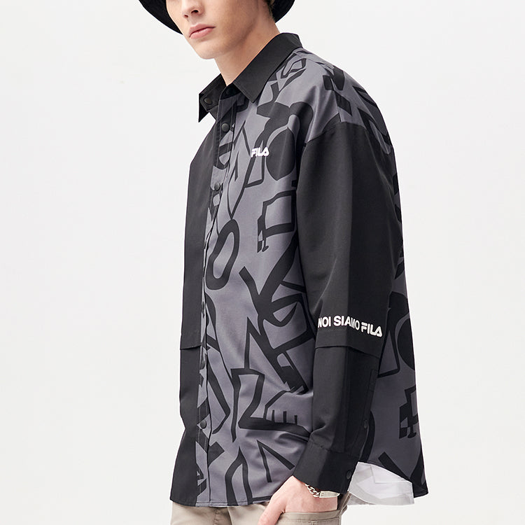 Men's FILA FUSION Character Printing Contrasting Colors Casual Loose Long Sleeves Dark Black Shirt T11M121702F-BK