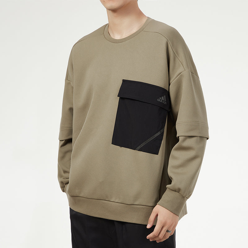 Men's adidas Contrasting Colors Pocket Sports Round Neck Pullover Military Green H39348