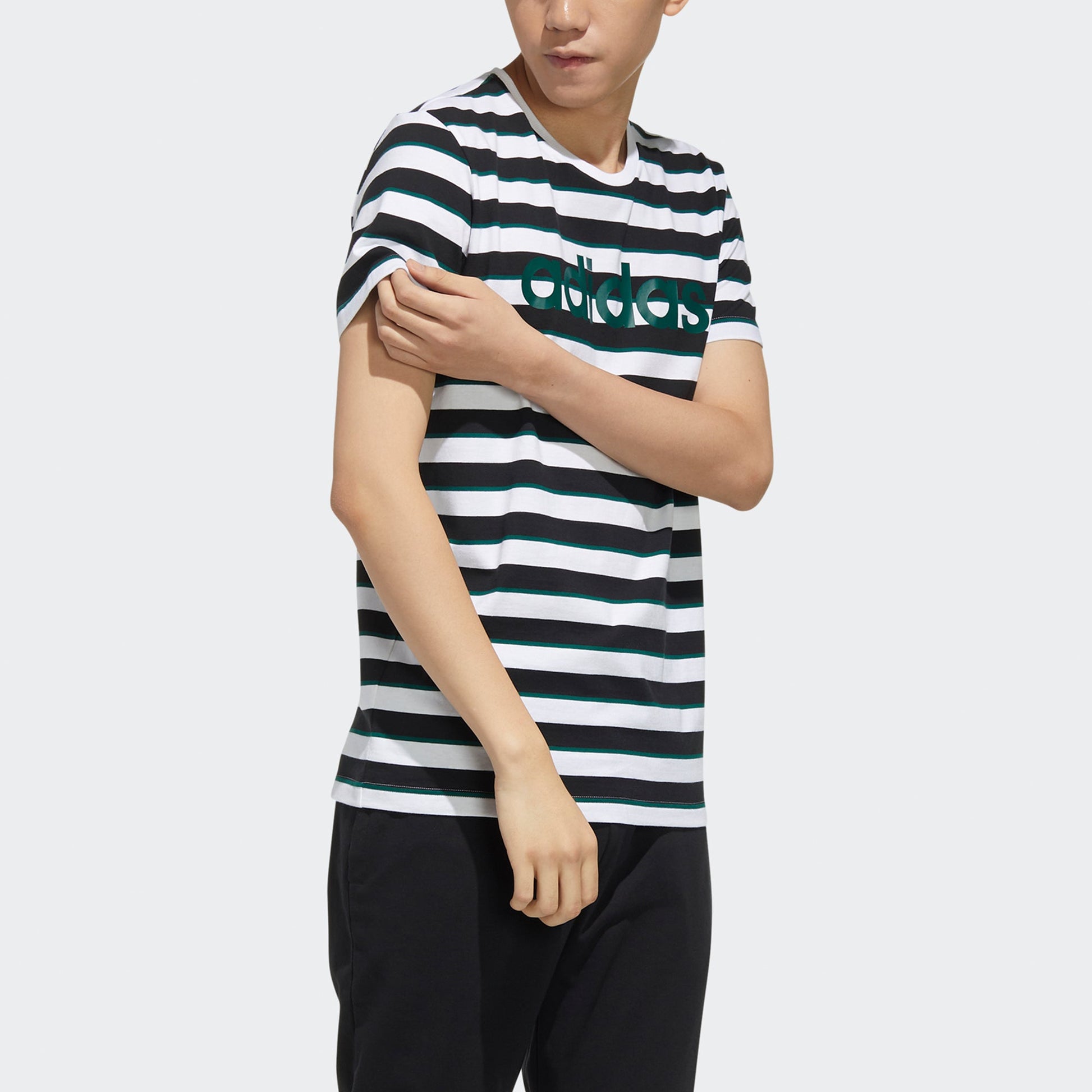 adidas neo M Esntl Lg S T3 Logo Printing Stripe Sports Short Sleeve Black FP7426