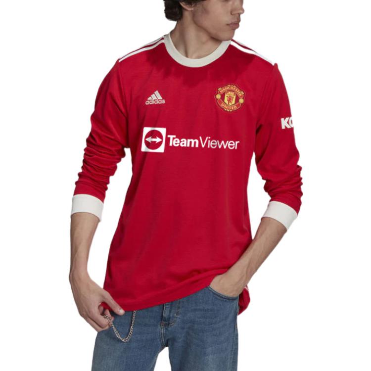 adidas 21/22 Season Manchester United Colorblock Stripe Round Neck Casual Long Sleeves Red H58696