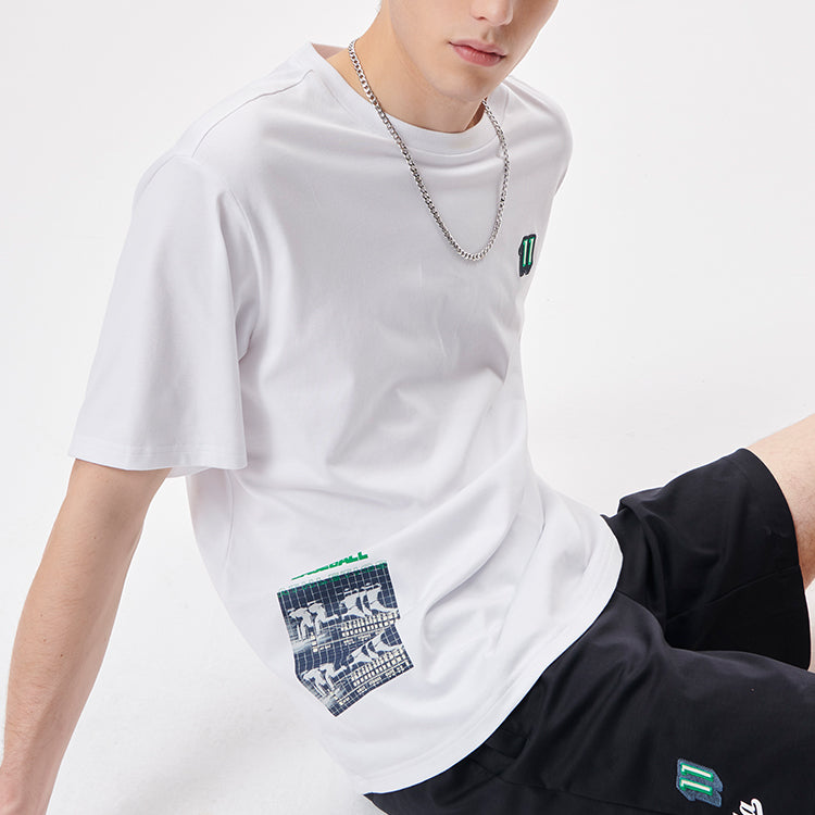 Men's FILA FUSION Subject Pattern Printing Knit Loose Sports Short Sleeve White T11M132106F-WT