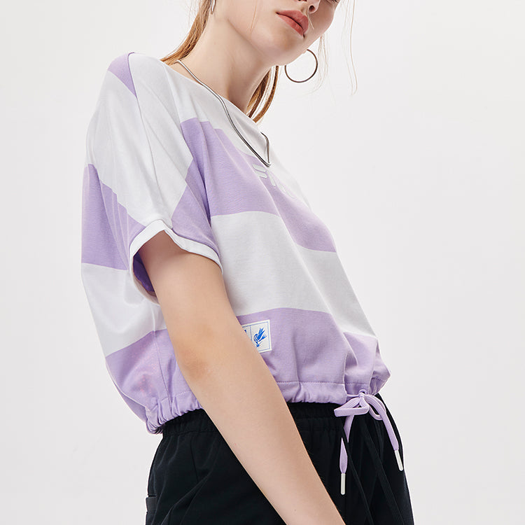 FILA FUSION Contrasting Colors Stripe Loose Round Neck Short Sleeve Lavender T-Shirt T11W135106F-VT