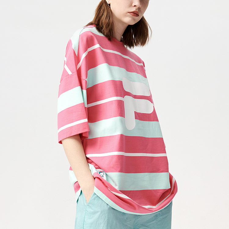FILA FUSION Contrasting Colors Stripe Loose Sports Short Sleeve Light Lilac Purple T-Shirt T11W122114F-PC