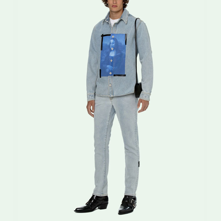 Off-White SS21 Printing Pattern lapel Long Sleeves Denim Shirt Blue OMYD027R21DEN0014001