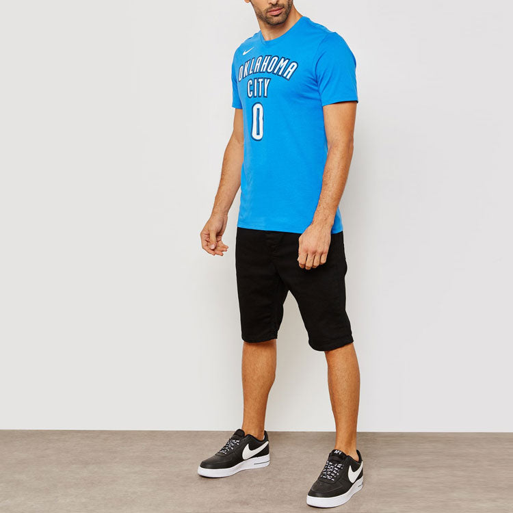 Men's Nike Thunder No. 0 Russell Westbrook Casual Sports Breathable Basketball Short Sleeve Blue T-Shirt 870796-403